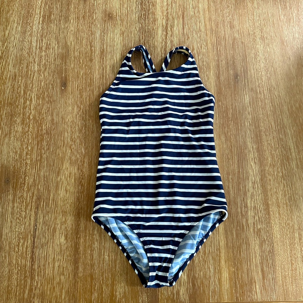 Lands End Girls Navy/White Striped Swimsuit